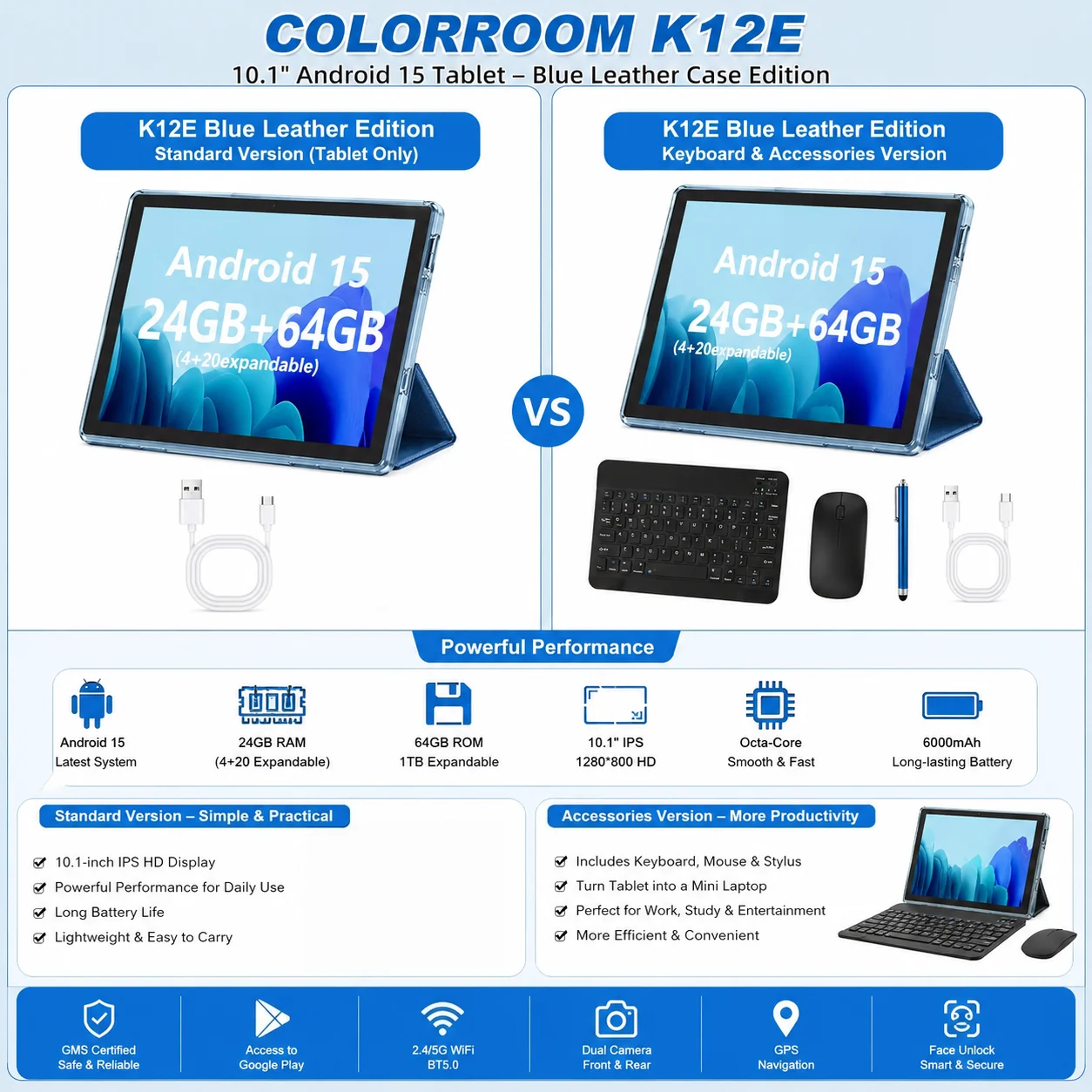 COLORROOM Android 15 10.1 Inch Tablet with Case,Keyboard Mouse, 24GB RAM 64GB ROM, GMS, 1TB Expandable, 2-in-1 Tablet for Work