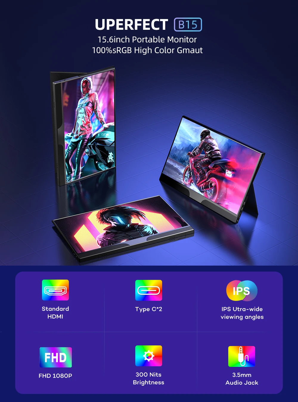 UPERFECT-޴  15.6 ġ FHD 1080P Ӹ IPS HDR FreeSync ɾ USB C  ÷ HDMI, ž ƺ
