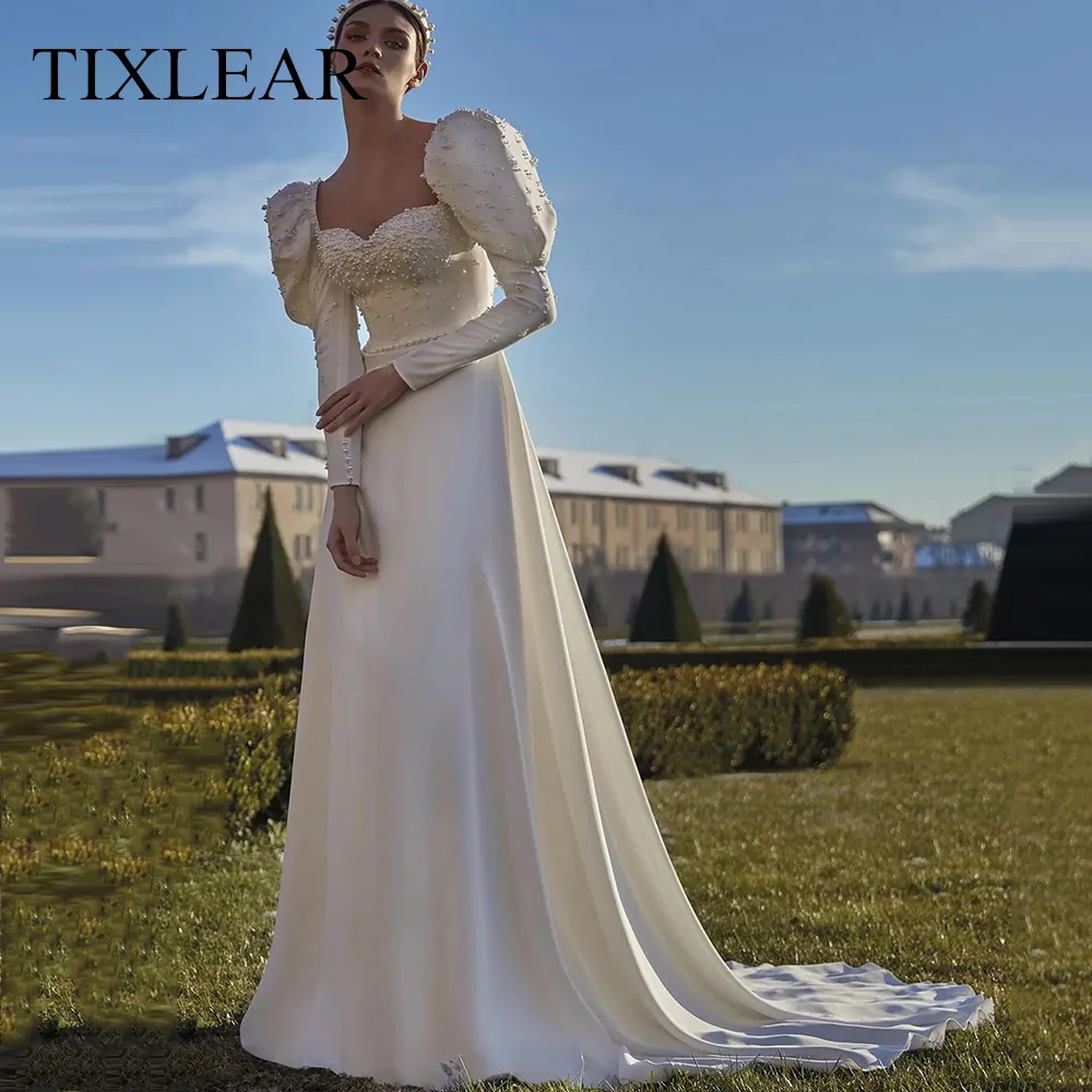 

Tixlear Exquisite A-Line Wedding Dress Satin Pearls Sweetheart Long Puff Sleeves Court Fomal Occasion Desses Vestido De Noiva