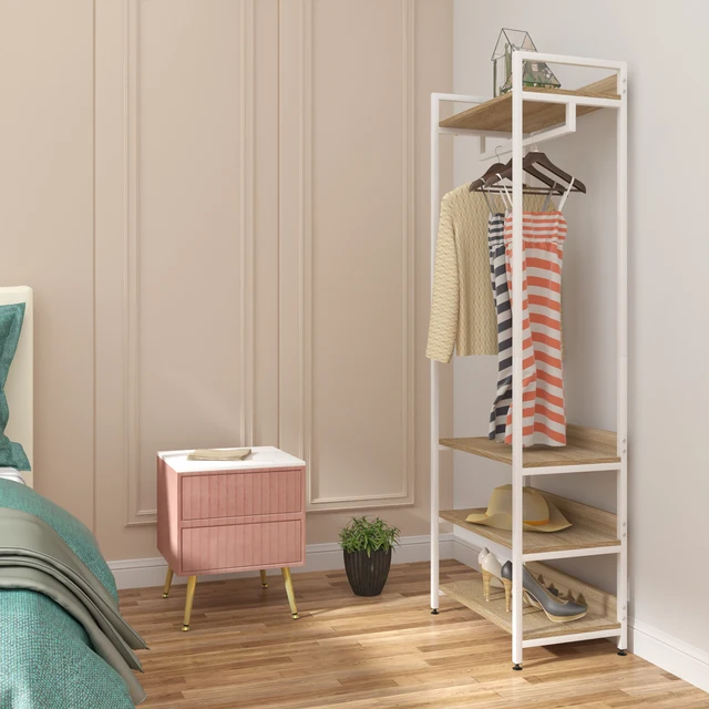 Relaxdays kledingrek verrijdbaar, 2 planken voor schoenen, tassen, accessoires, haken, metaal, kledingkast, zwart