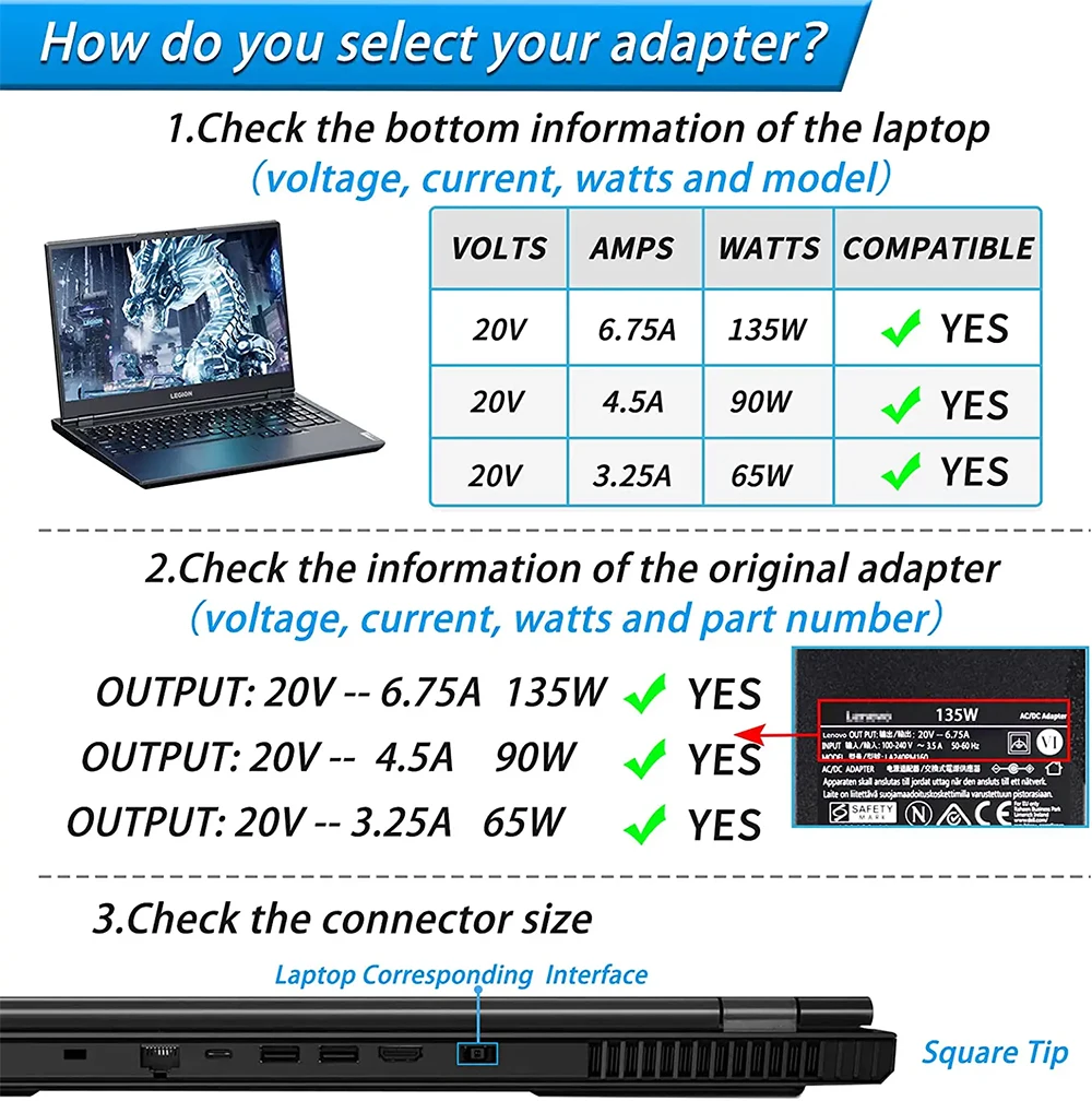 Cargador de portátil de 135 W para Lenovo Ideapad Gaming 3 Series L340 3-15  Y40-70 Y50-70 Y50-80 Y700 Z710 Legion Y50 Y520 Y530 Y7000P Gaming Series