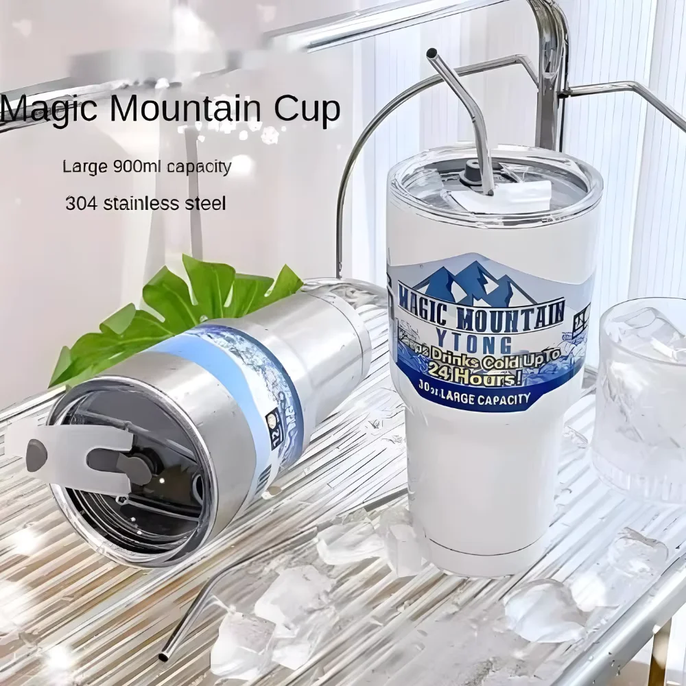 Copo Térmico Camada Dupla Aço Inoxidável Magic Mountain 990ml Com Canudo 6