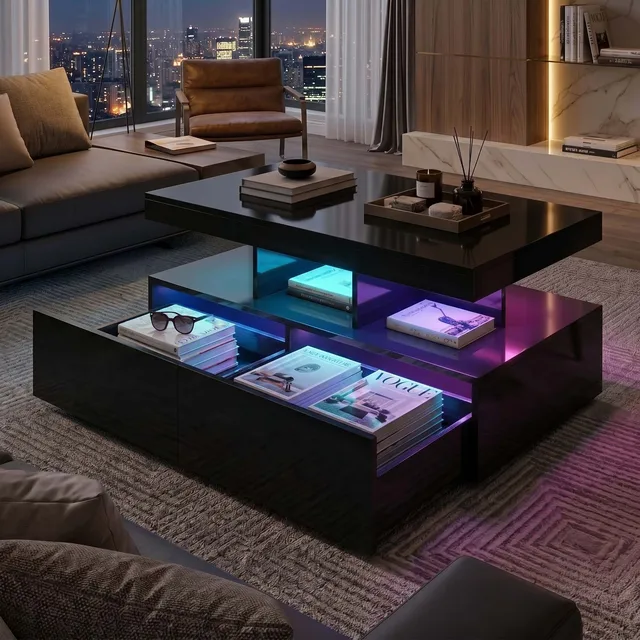 Table Basse Noire Haute Brillance LED RGB App, Table de Salon Moderne à 2 Tiroirs & Étages, Meuble Design avec Télécommande 1