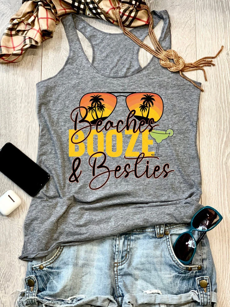 

Women Funny Racerback Tank Top Beaches Booze & Besties Racerback Letter Print Sleeveless Shirt Beach Vacation Summer Vest Tops
