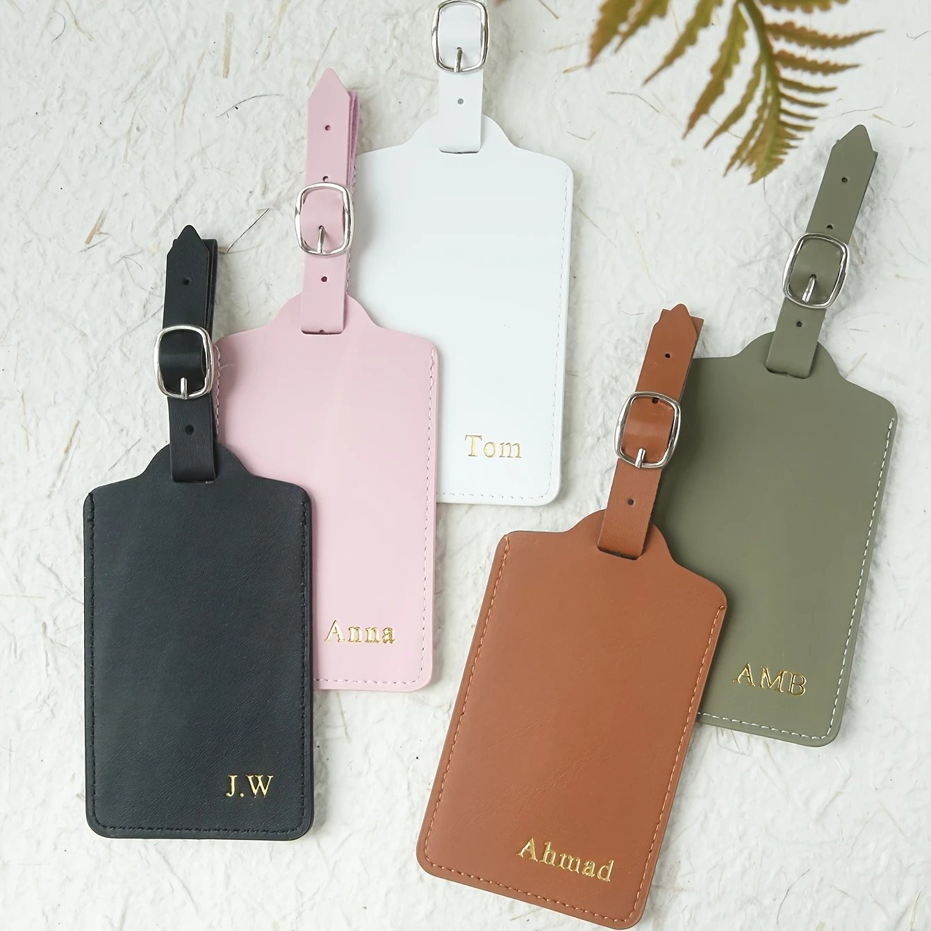 Etichetta per Bagagli Personalizzata con Monogramma Stampato a Caldo, Accessorio Minimalista e Leggero per Valigie in Rosa, Verde e Marrone