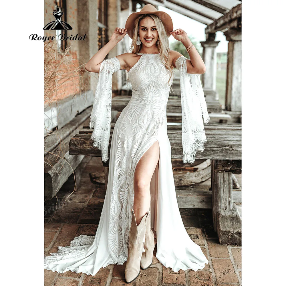 ANNA-KACI - Camiseta De Hombros Descubiertos Con Manga Larga Para Mujer, Semitransparente, Estilo Boho, S