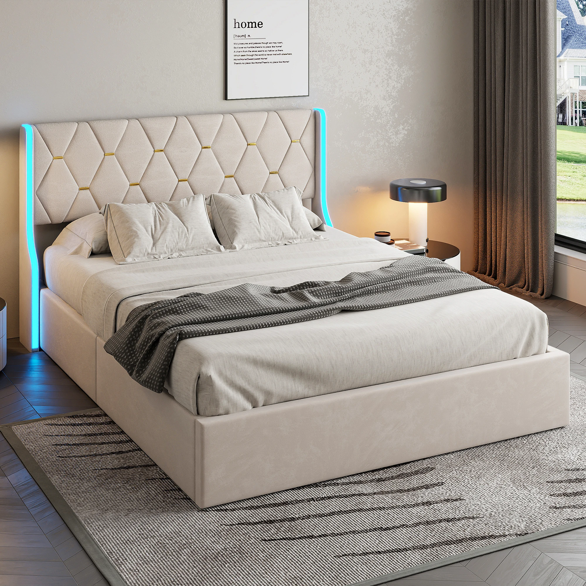 Rosahqnda Upholstery bed 140/160x200cm Beige velvet upholstery bed with illuminated headboard & hydraulic function bed without mattress
