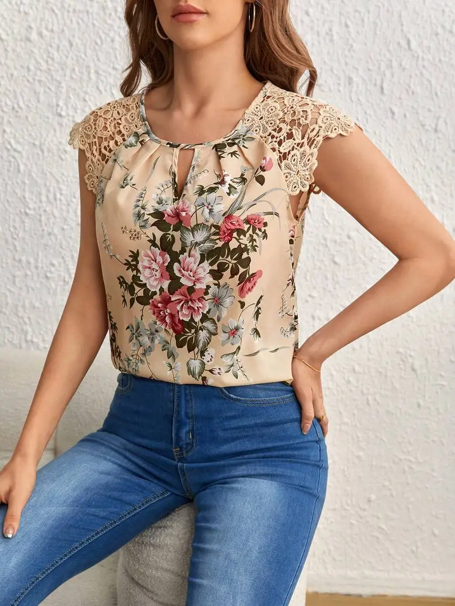 Women Beige Floral Print Blouse Round Neck Keyhole Shoulder Lace Sleeveless Top Spring Summer Sweet Elegant Daily Casual T-Shirt 3