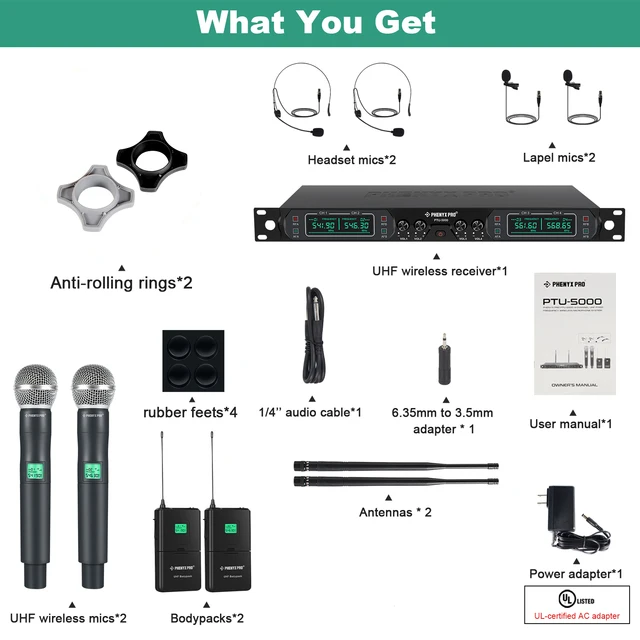 Microfono Wireless Phenyx Pro UHF - 4 Canali | 4 Palmari | Portata 80m | Per Karaoke E Live