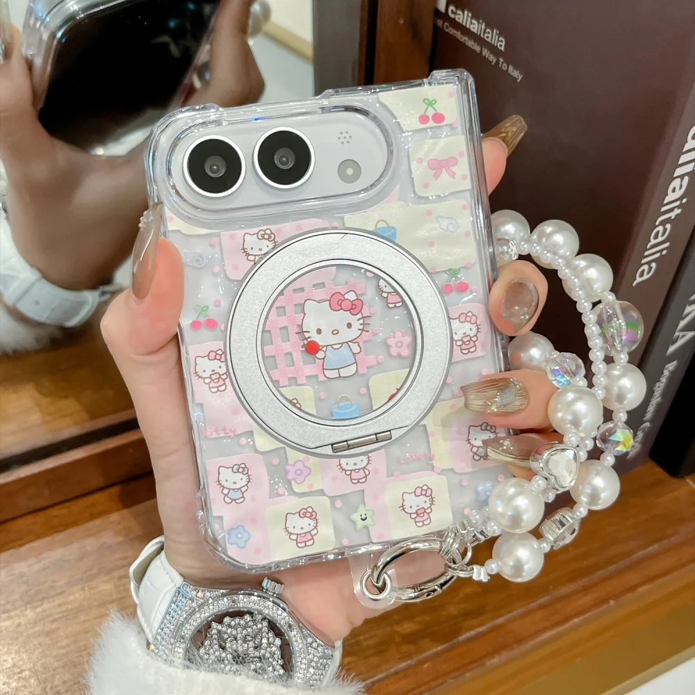 Charming Kawaii Cartoon Kitten Magnetic Phone Case - Fashionable Foldable Anti-Fall Protective Cover with MagSafe Holder