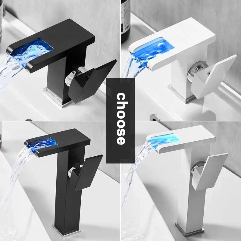 

NEW LED Luminous Waterfall Faucet Hot and Cold Color Changing Mixer Tap Square Wash Basin Bathroom Cabinet Faucet Copper Alloy