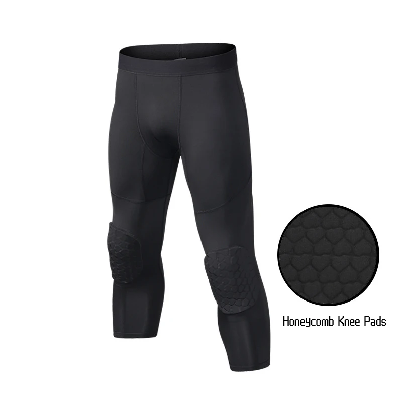 Sports Pants with Knee Pads 3/4 Compression Black Leggings Tights Mens Boys Youth Pants Football Quick Dry Workout Leggings