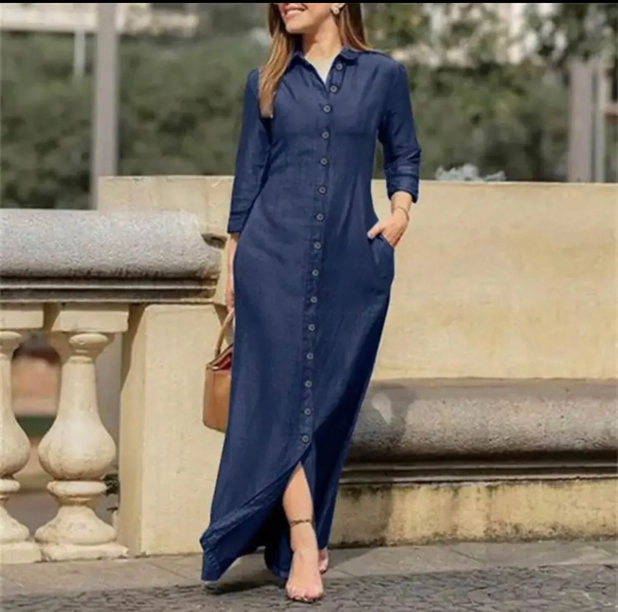 Women Denim Maxi Dress Long Sleeve Awesome Buttons Shirt