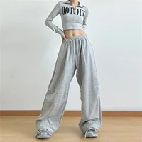 Women Oversize Gray Black Elastic Sports Trousers Lady Wide Leg Straight Leg Pants Female Harajuku High Waisted Baggy Sweatpants