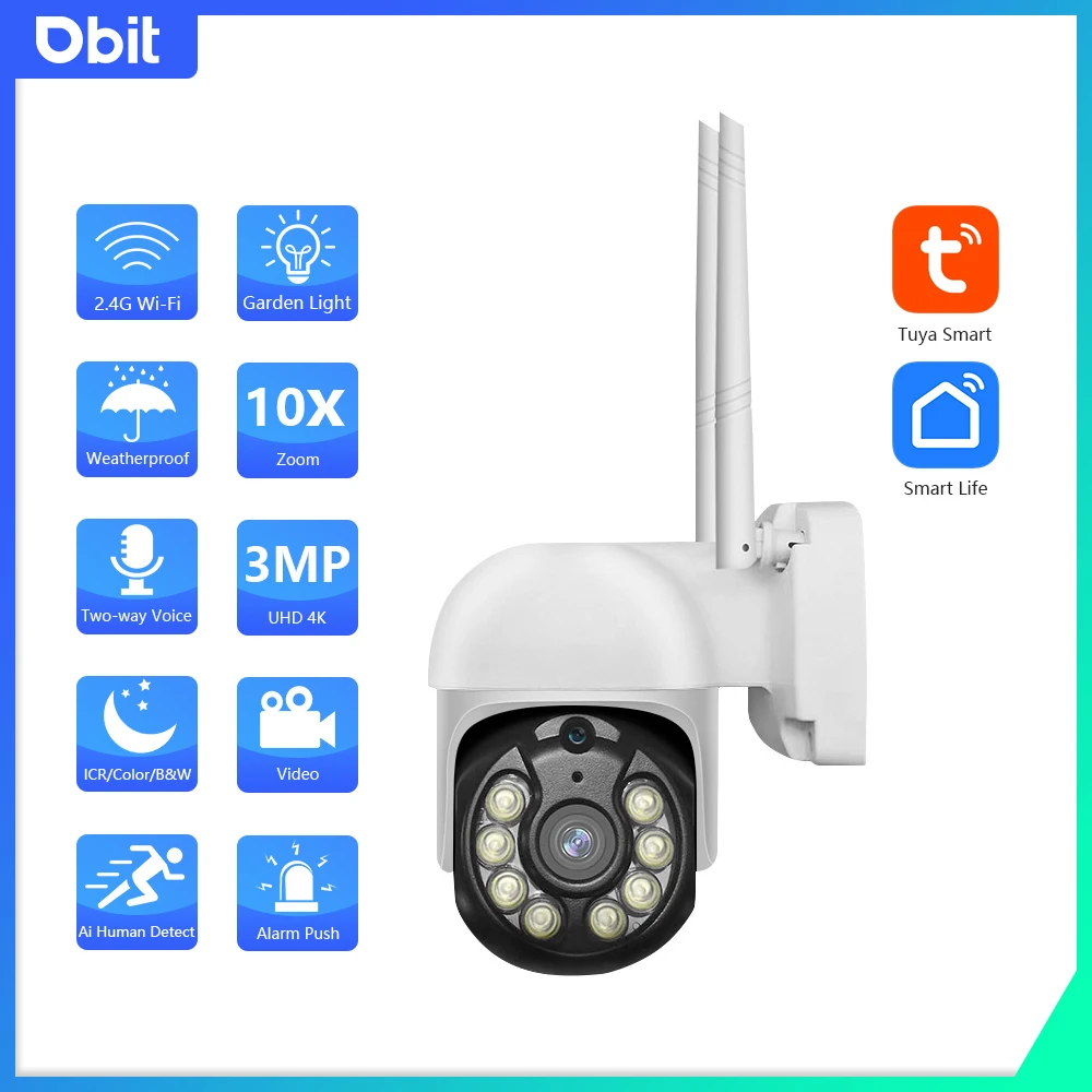 DBIT 4MP WiFi Mini Outdoor Camera Tuya Ultra Clear Full Color Night Vision 10X Zoom Monitor,AI Human Monitoring Two-way Voice