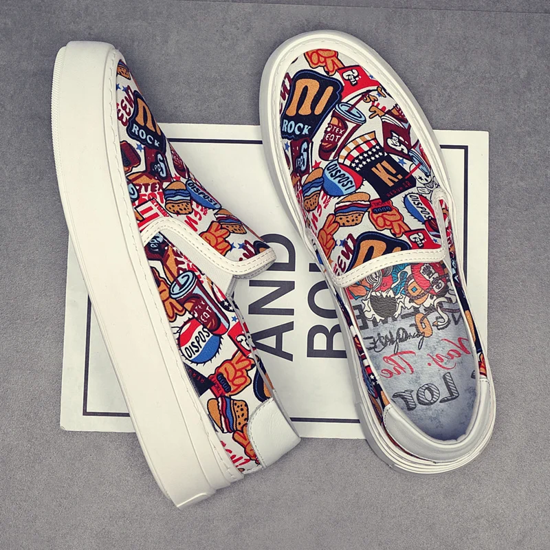 Thick sole new Korean version of the trend men's slip-on shoes breathable personality casual loafers printed cloth shoes fashion 2
