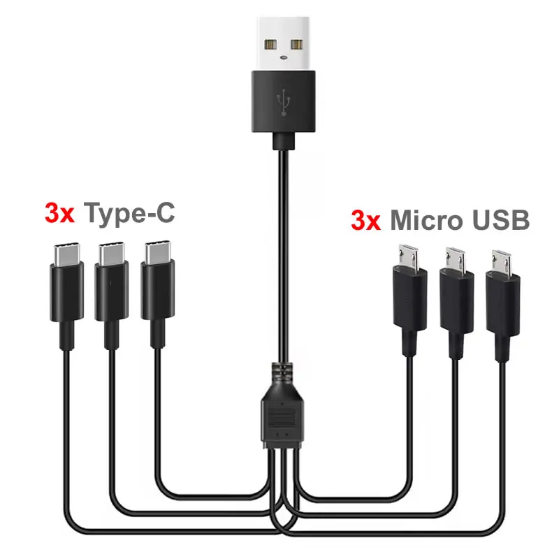 Versatile 6-in-1 Charging Cable with Micro USB and Type C Connections