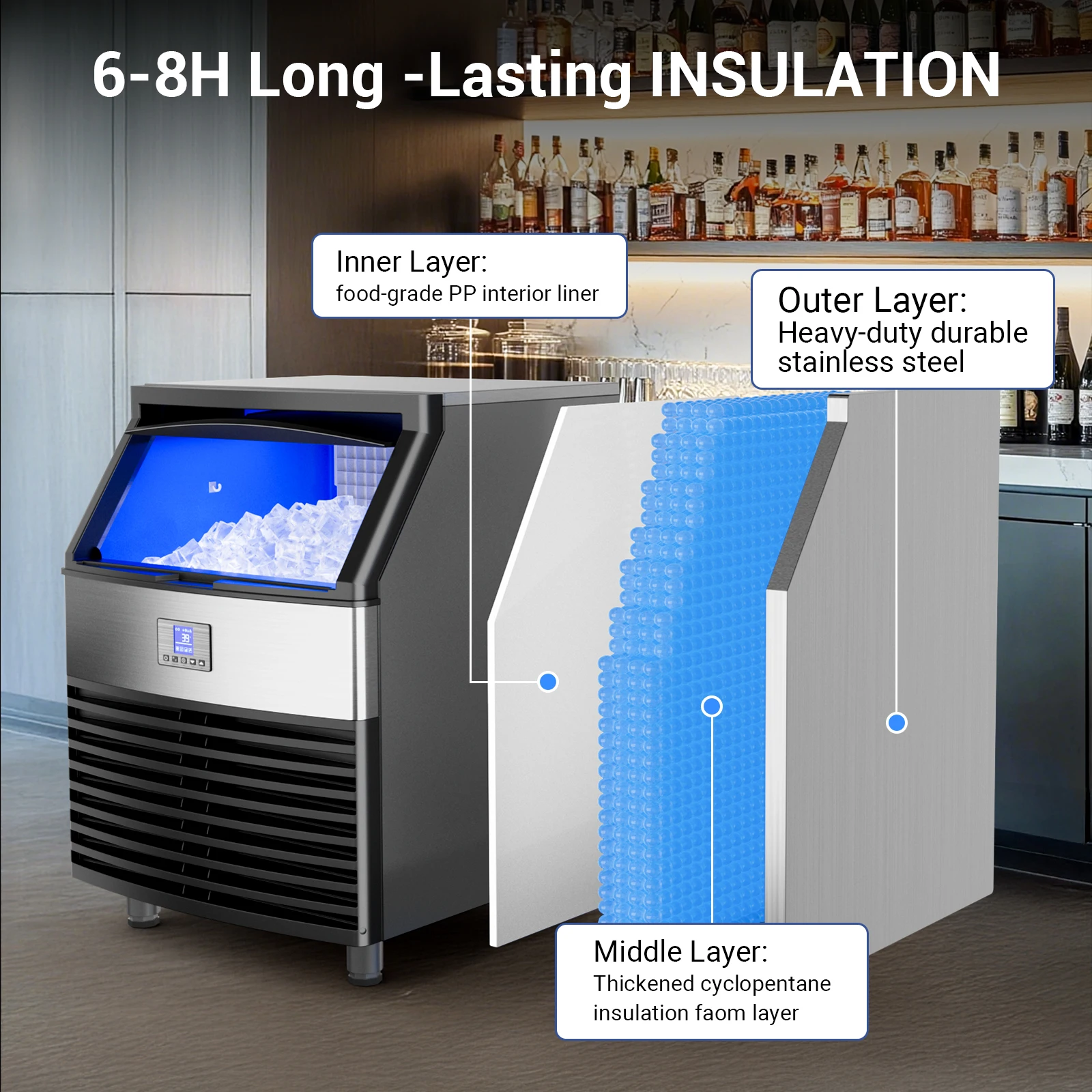 Commercial Ice Maker Machine 450LBS/24H Under Counter Ice Machine Upgrade Compressor 120LBS Storage Bin Freestanding Ice Maker 4