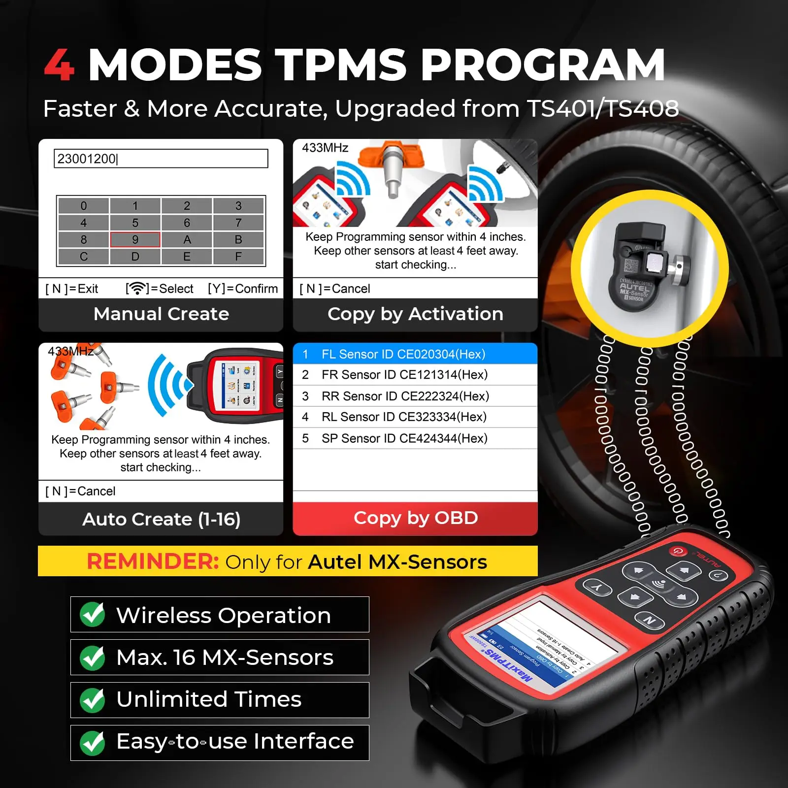 Tire Pressure Monitor Car Diagnostic Tool Autel MaxiTPMS TS508WF TPMS Programming Tool MX Sensors 315 433 MHz TPMS Relearn Activate All Sensors Scan Read Clear DTCs Reset