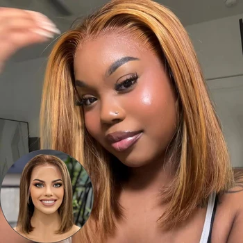 13x4 HD Breathable Frontal & Pre-Plucked Scalp 250% Density Short Straight Bob Wig Suitable for #4/27 Straight Human Hair Wigs 1