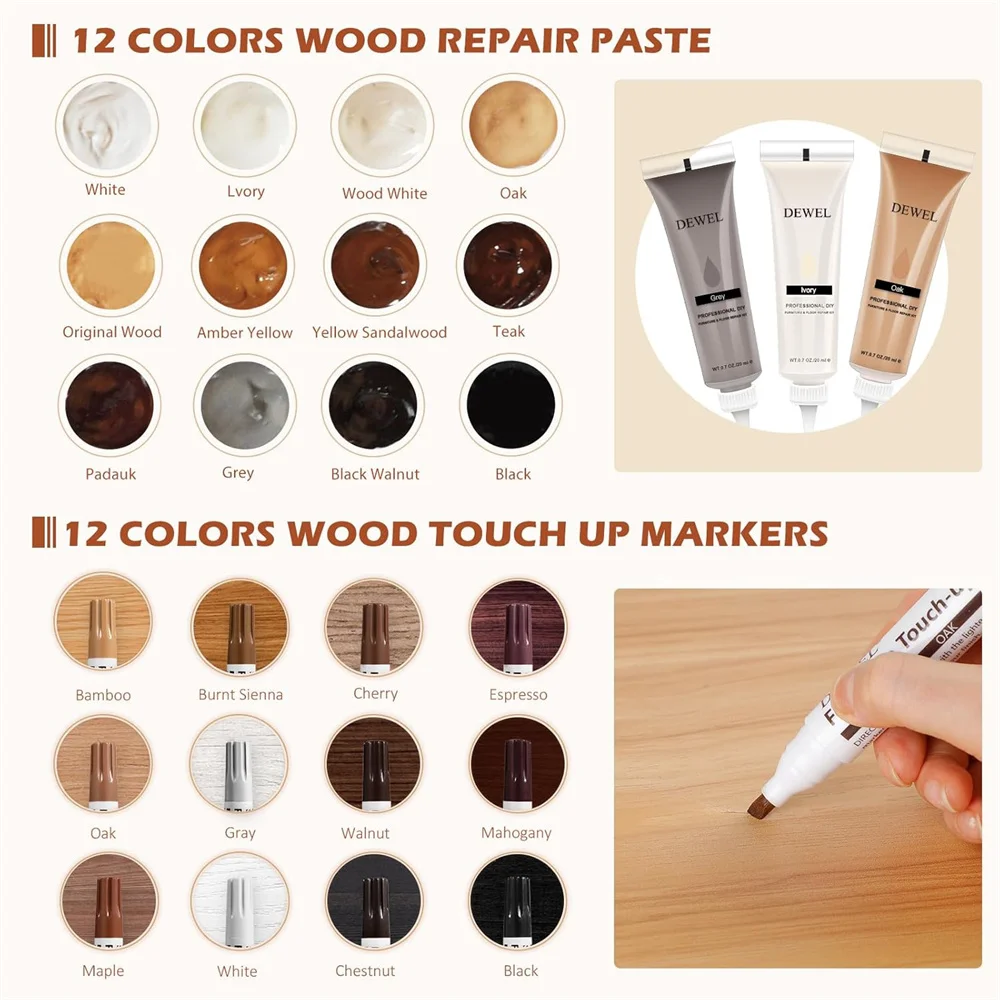 Wood Repair Kit 34Pcs Wood Furniture Repair Kit include 12Pcs Wood Filler and Touch Up Markers Putty and Polish Wax Scratch Repair Tool