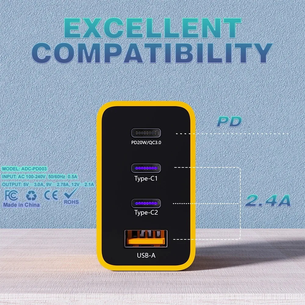 3 Ports PD Charger USB C Charger 38W Fast Charging Type C QC3.0 Quick Charger EU/US Plug Wall Adapter for iPhone 15 Xiaomi POCO