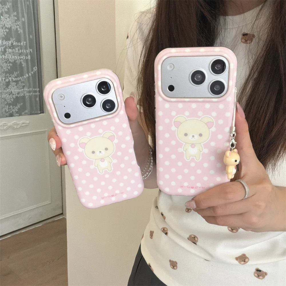 Charming Pink Polka Dot Rilakkuma Phone Case with Kawaii Charm & Shockproof Protection