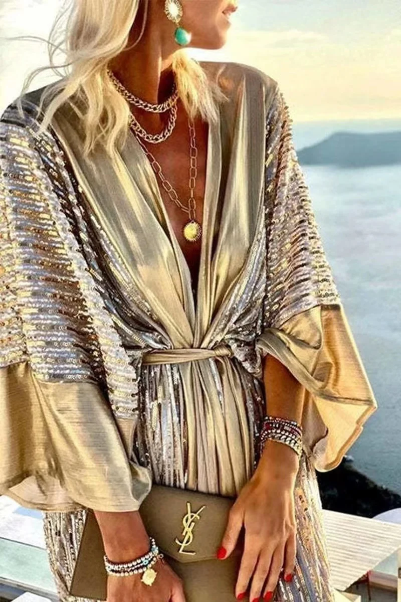 Abito da donna elegante stile elegante Cardigan con paillettes Party Holiday abito lungo con scollo a v con maniche a pipistrello in stile spiaggia