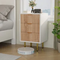 Набор из 2 прикроватных тумбочек, 3 ящика, металлических ручек, металлических ножек, идеально подходит для спальни или гостиной, белый и дерево. — изображение 6