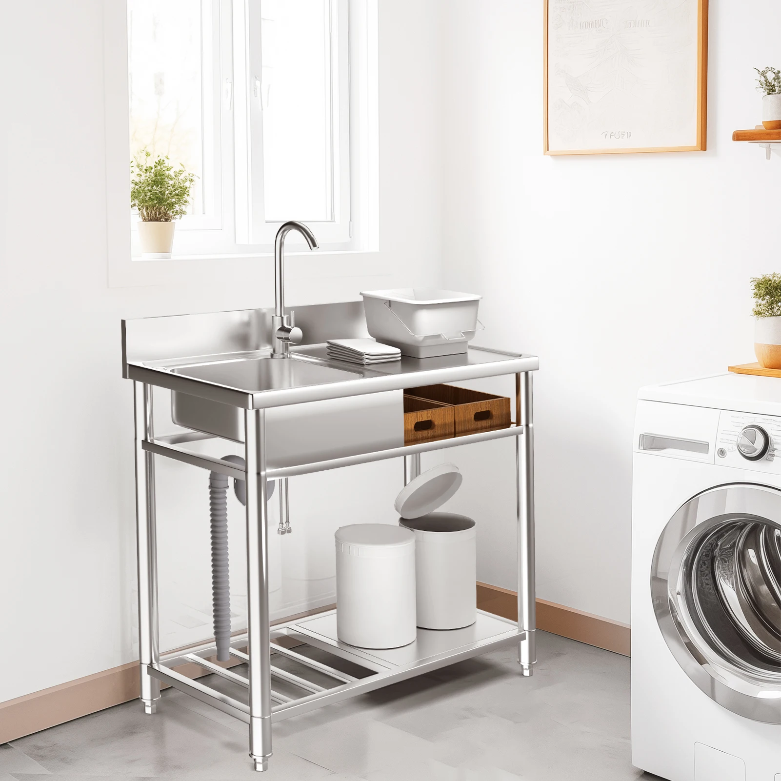 39in Stainless Steel Utility Sink, Outdoor Sink Station with Cabinet 5