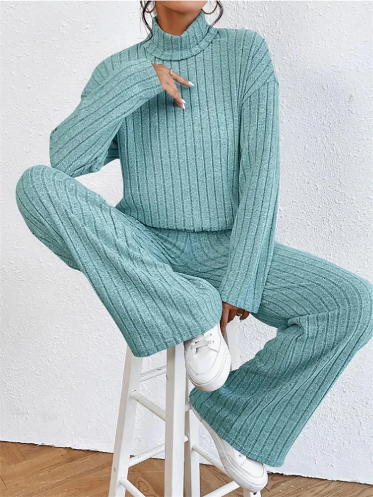 

Women Causal Homewear 2 Piece Sets Fashion Elegant Ribbed Turtleneck Knitted Pullovers High Waist Wide Legs Pants Streetwear Set