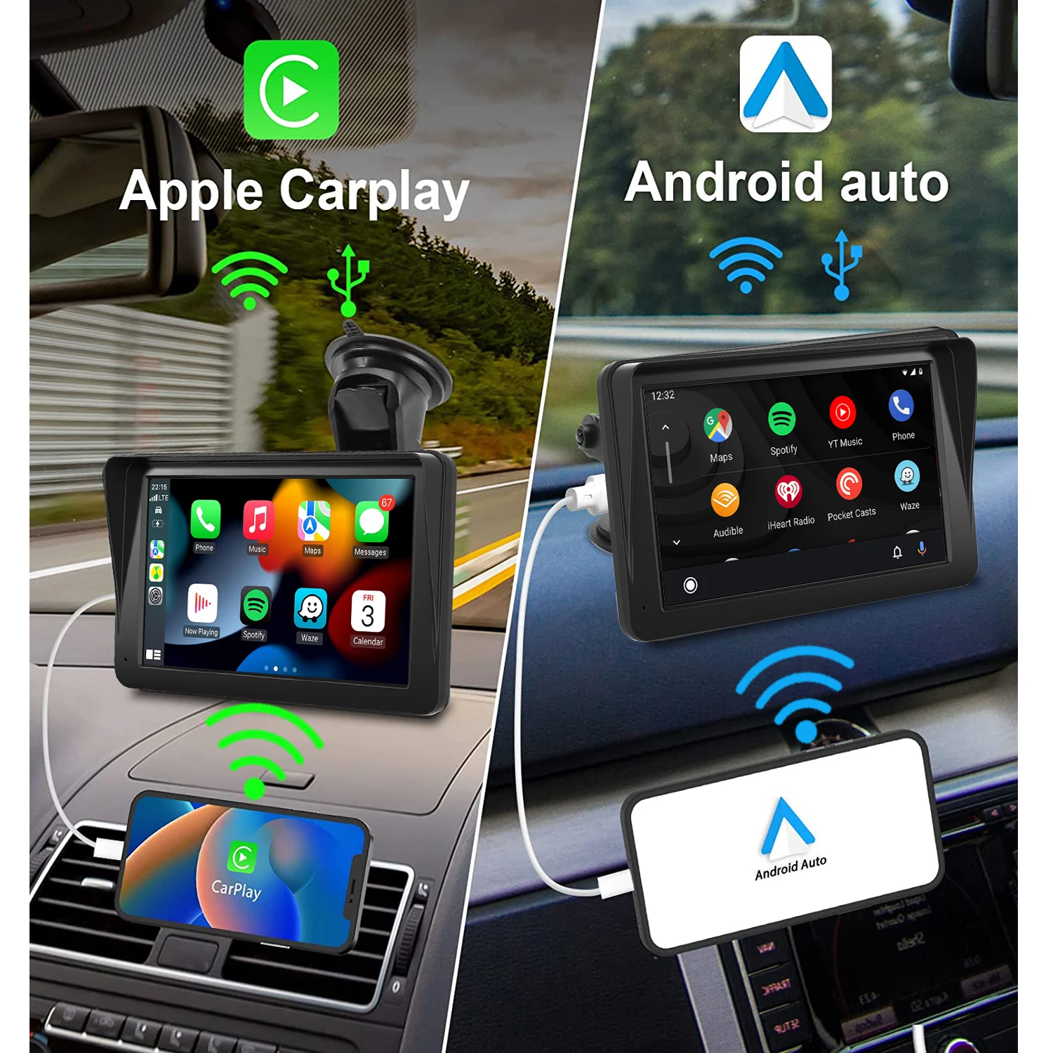7" Portable Car Radio HD Touchscreen Car Stereo Wireless CarPlay Android Auto with Rear Camera Navigation USB/TF/AUX/Type-C Port