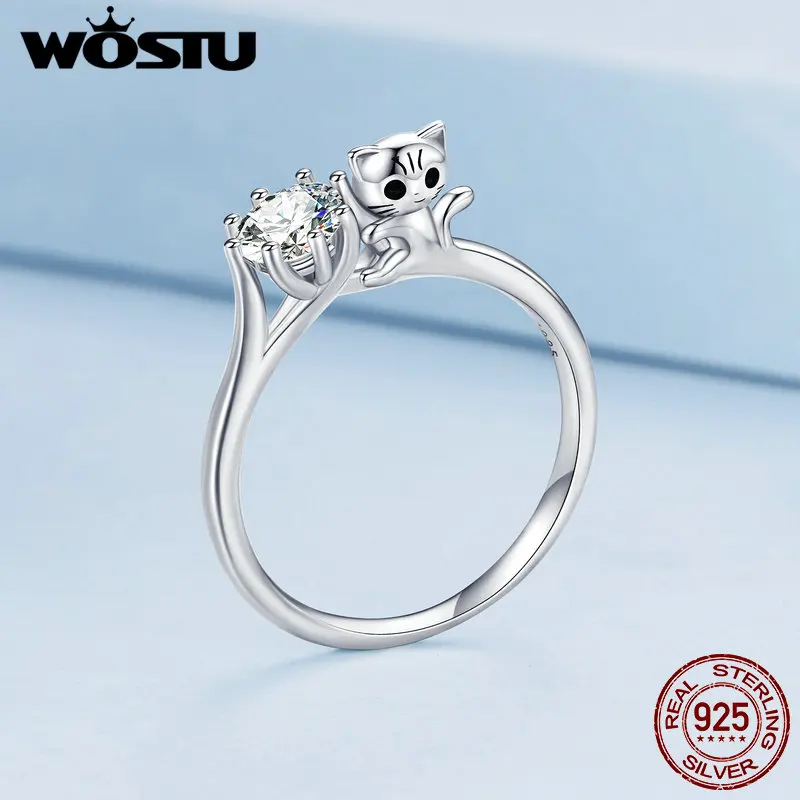 

Женское кольцо с котом WOSTU, 925 пробы, серебряное кольцо с цирконием 5 мм, кольцо с милым животным для девочек, изящное ювелирное изделие, подарок на день рождения, FNR351