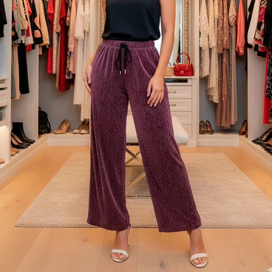 Pantalón de Brillos con Textura Acanalada - Estilo Wide Leg de Fiesta