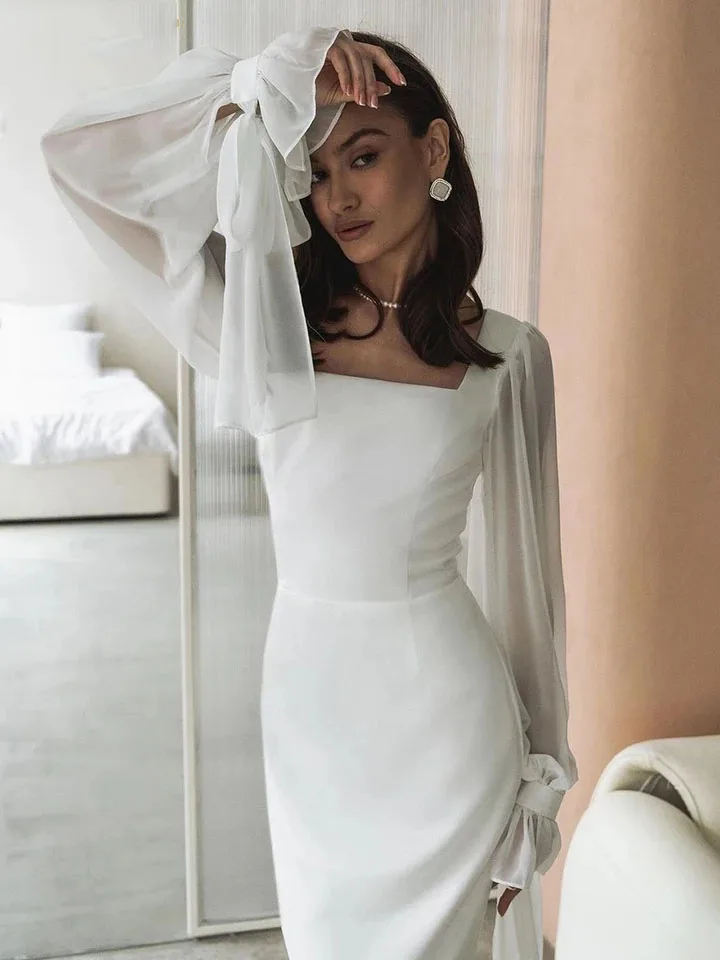 SoDigne Simple Wedding Dresses Square Neck Puff Sleeves Bodycon Satin Bride Dresses Vintage Bridal Gown Floor length Customized 16 Ae53aa1e777a04748a85aba4558a66d9dg