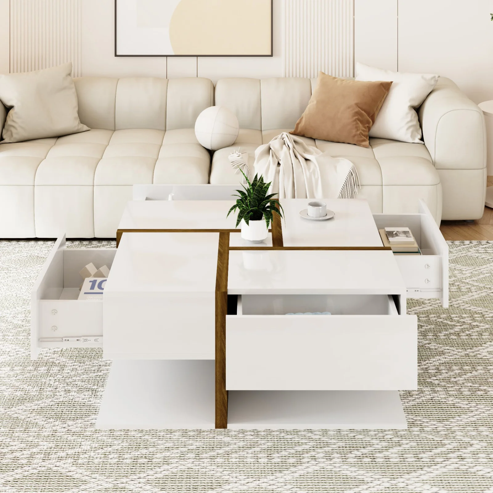 Comanlai 78x78x34.8cm High-gloss Coffee Table, Living Room Table, Unique Sofa Center Table, with 4 Drawers, Two Storage Levels