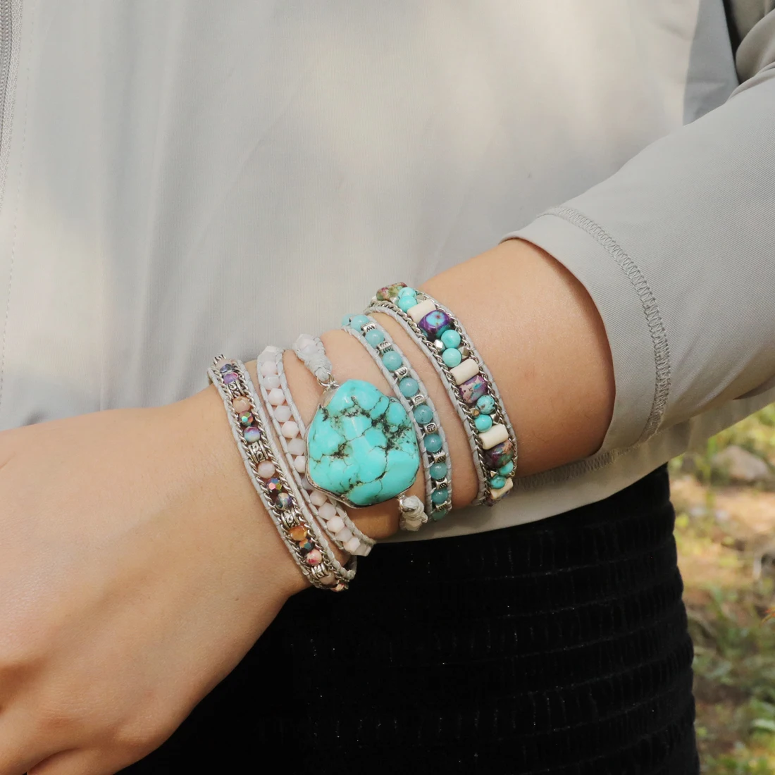 Unique Mixed Natural Stones Turquoises Charm 5 Strands Wrap Bracelets Handmade Boho Bracelet Women Wax Rope Bracelet