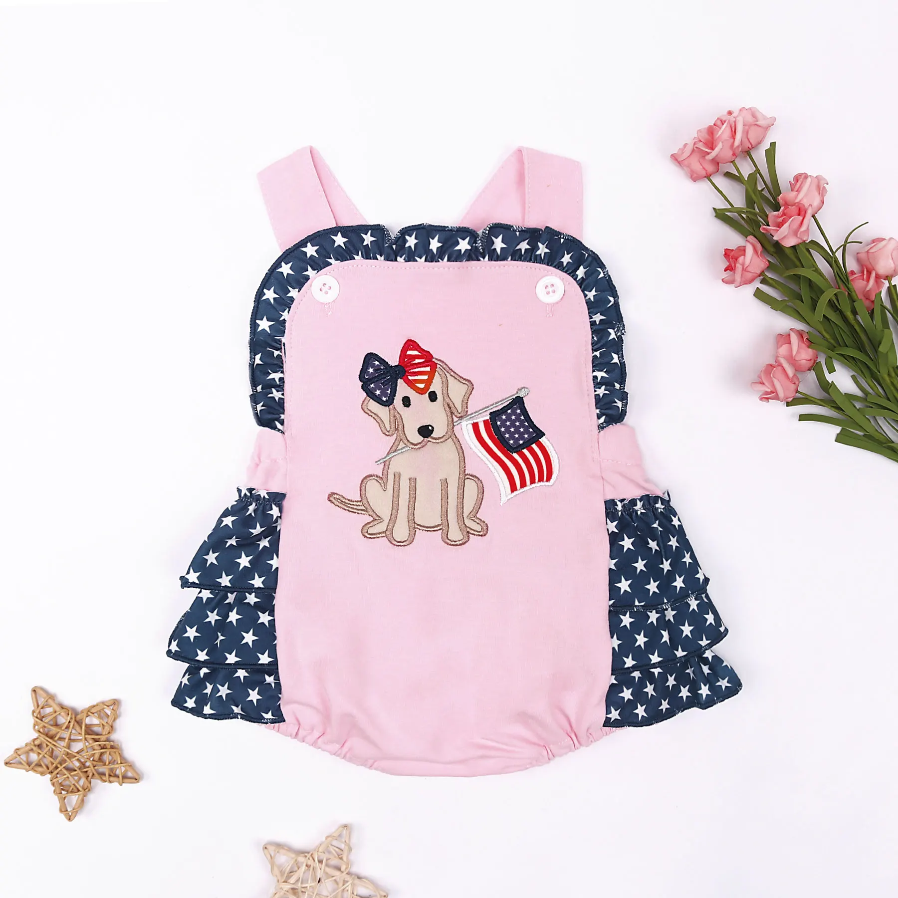 

Baby Girl Clothe Summer Lace Cute Bubble Cotton Pink Wave Point Design Boutique Sweet Ropmer With Flag Puppy Embroidery For 0-3m