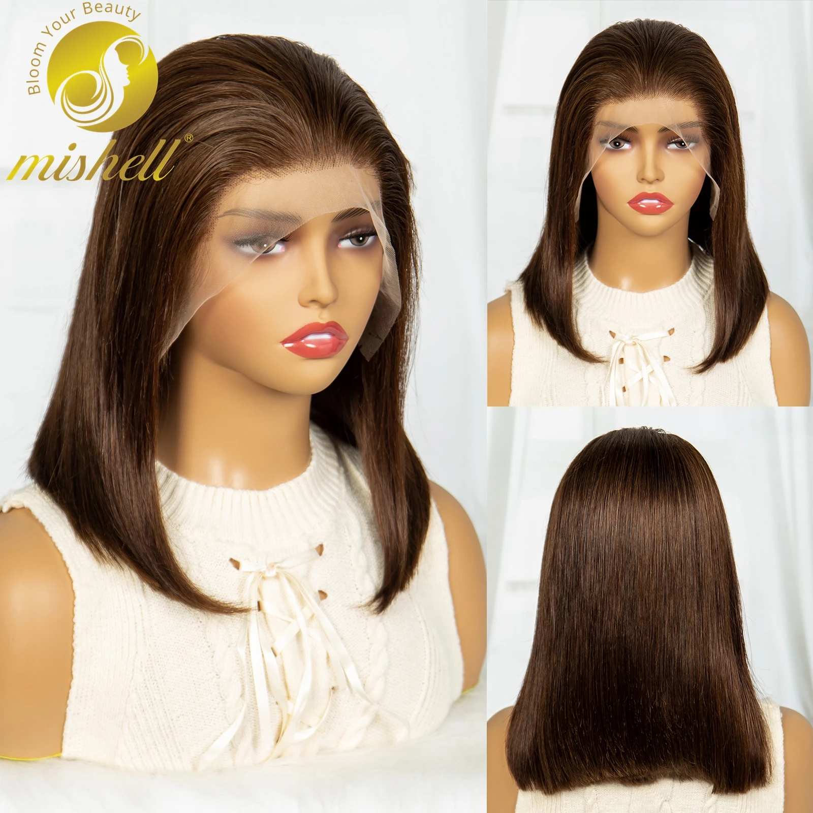 Perruque Bob Lace Front Wig Brésilienne Remy Naturelle Cheveux Courts Lisses, Brun Chocolat, 13x4, 4 #