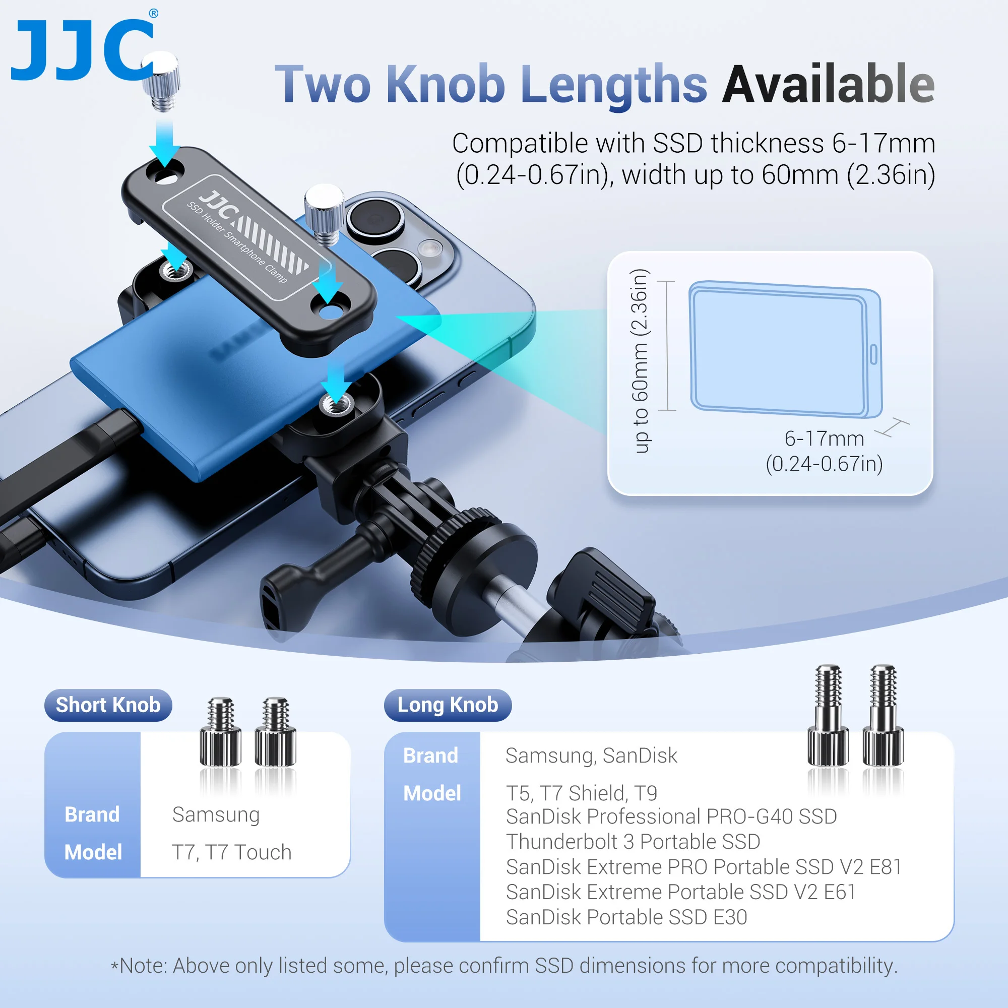 JJC 2-in-1 SSD Mount Bracket SSD Holder Smartphone Clamp Tripod Adapter For Samsung T7 For iPhone 15 14 13 Pro Max