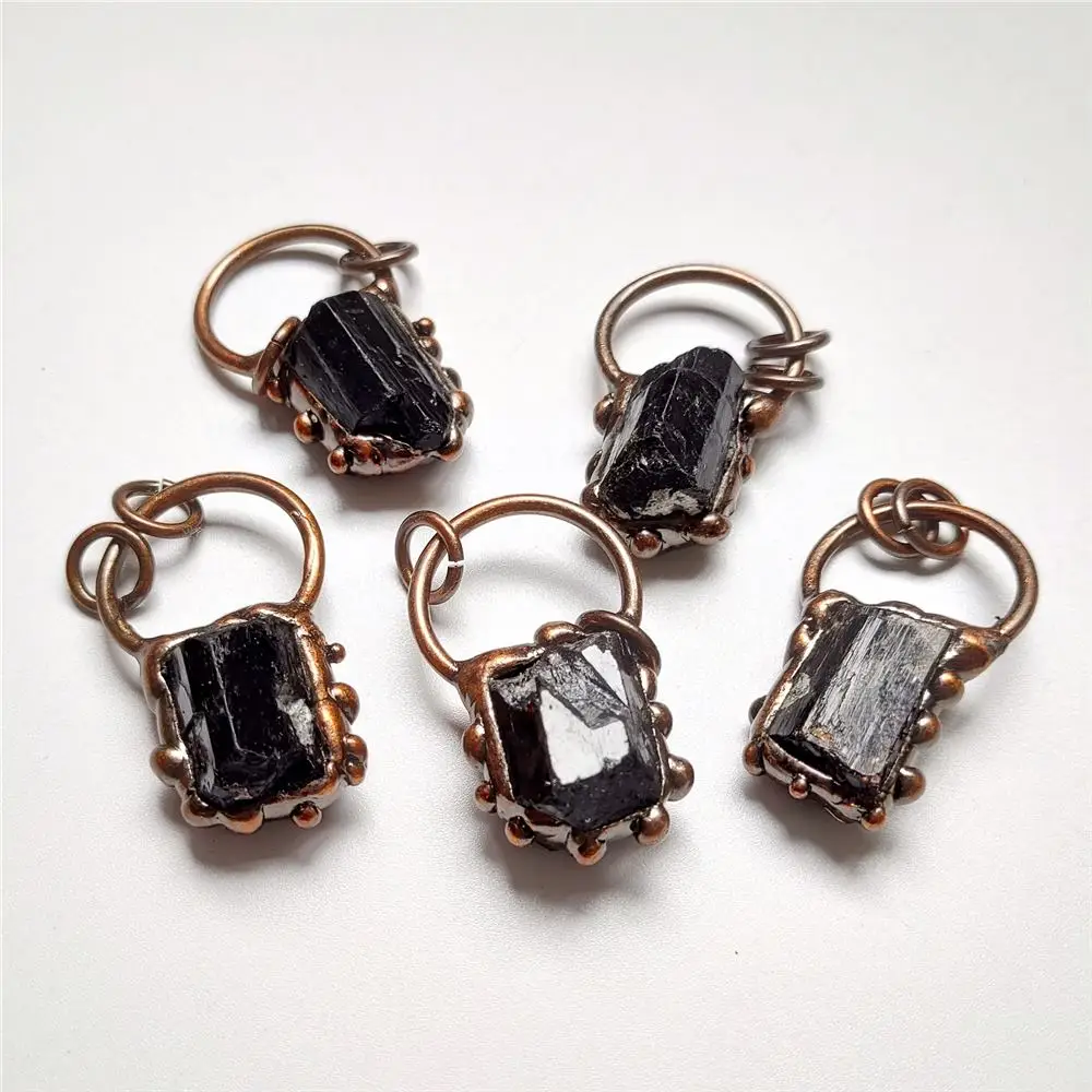 FUWO Hot Sale Black Tourmaline Pendant With Antique Copper Plated Natural Semi Precious Stone Retro Jewelry Wholesale PD376 5Pcs 6