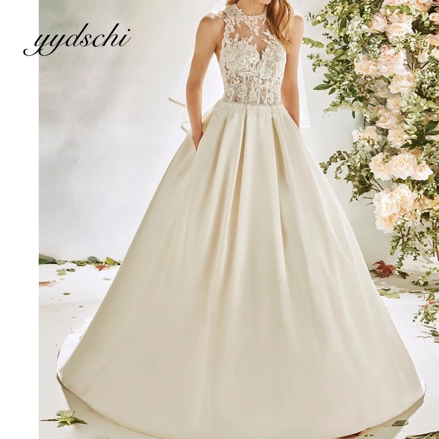 

Exquisite Simple Halter A-Line Wedding Dress For Women Sleeveless Appliques Illusion Lace Satin Bridal Floor Length Dresses 2023