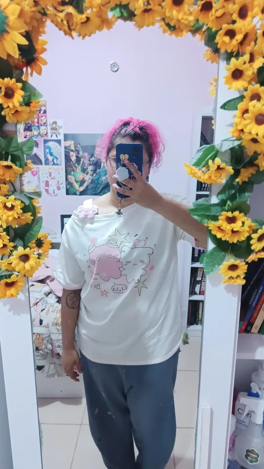 Off-Shoulder Cute Cat Pair T-Shirt photo review