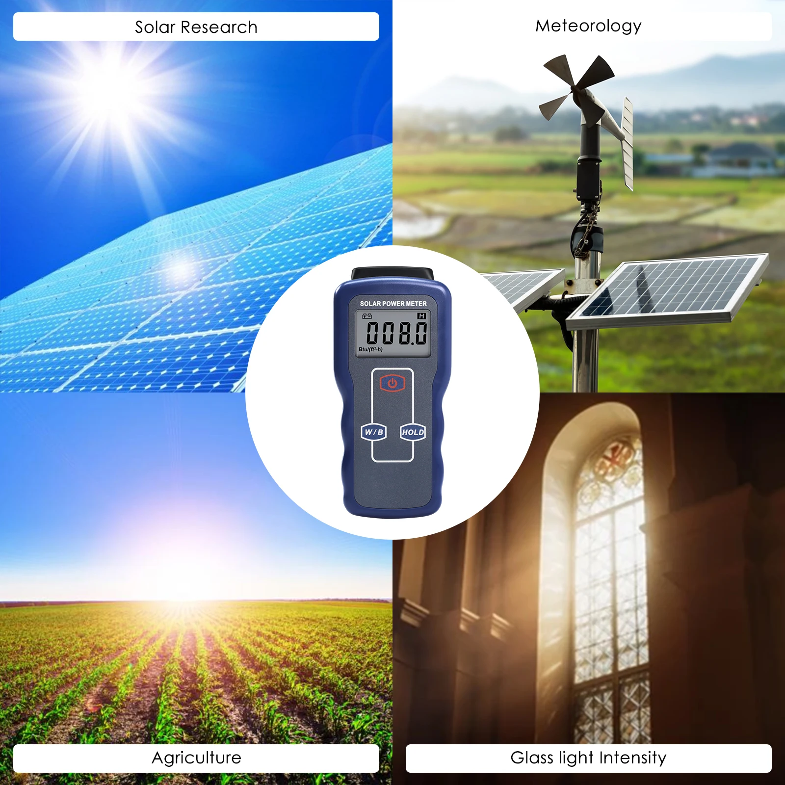 Digital Solar Power Meter Light Meter Sunlight Energy Radiation Tester Light Intensity Data Hold Function Large LCD Display 3