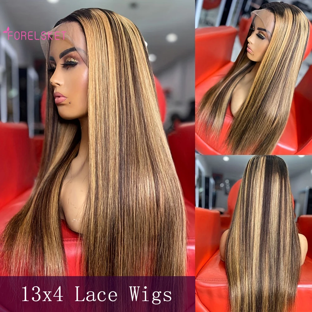

Highlight Brown 4/27 Color Straight Long Brazilian Human Hair 13x4 Lace Closure Wigs Ombre Colored Front Wigs 16-30 Inch