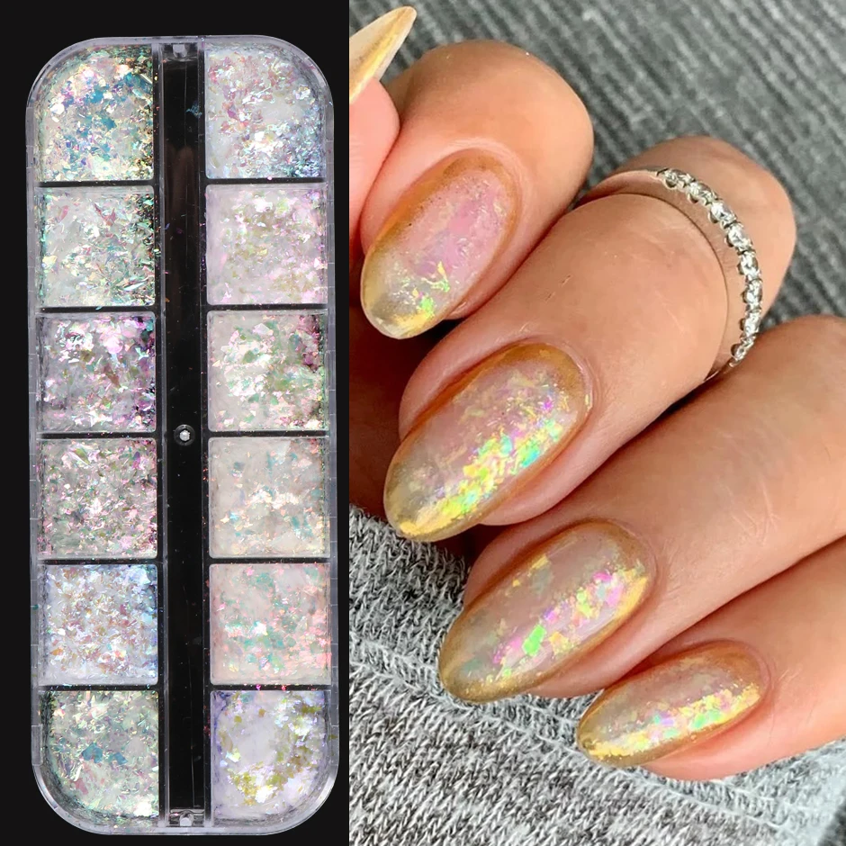 12 Grids Holographic Opal Fire Flakes Nail Art Glitter Powder Set