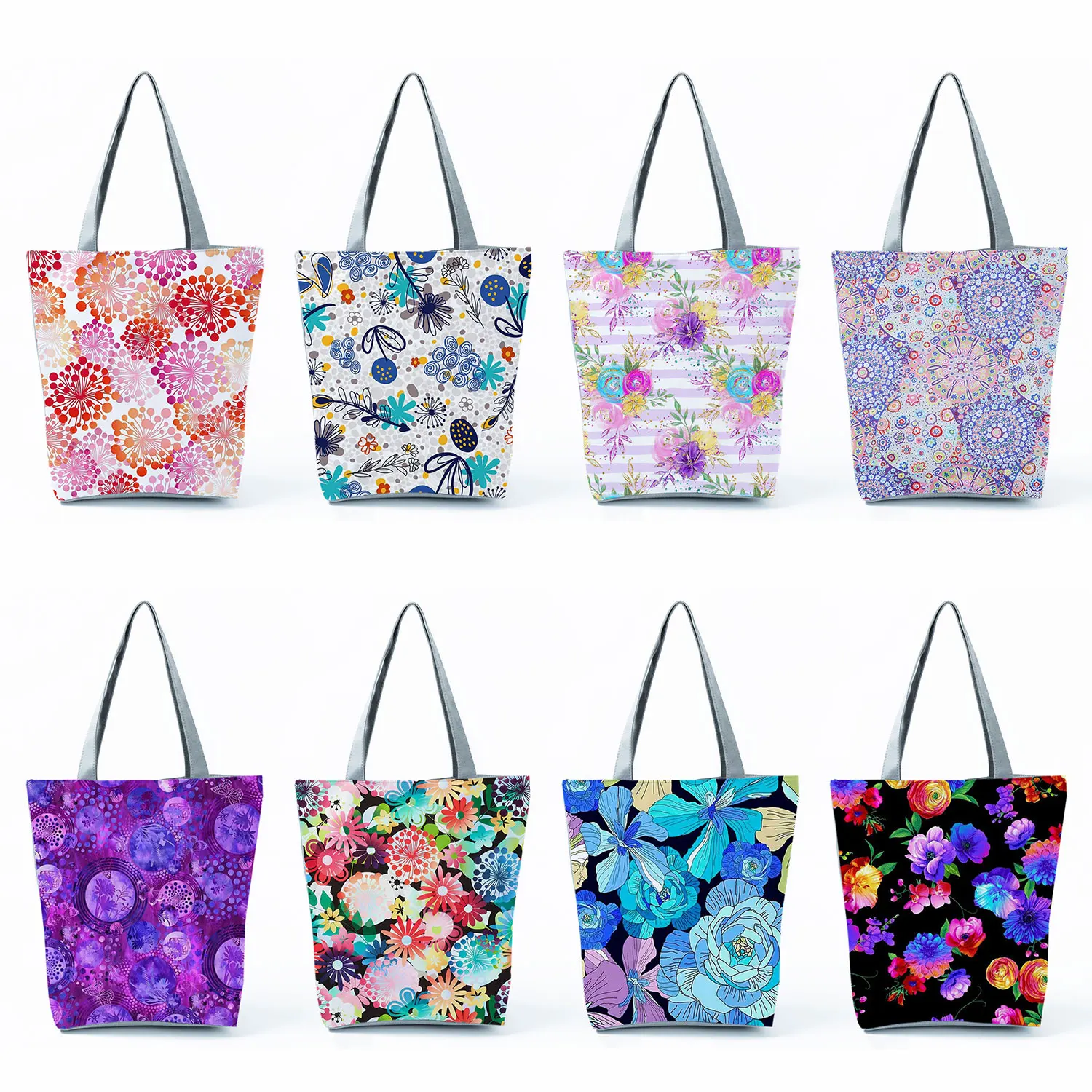 Red Floral Printed Handbag Eco Reusable High Capacity Foldable Shopping Bag Plant Floral Outdoor Travel Tote Can Custom Pattern