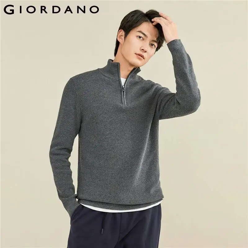 Giordano Men Sweaters Mockneck Half Placket Cotton Sweater 100% Cotton 12 Stitch Kniting Sweaters Simple Sweaters 18052607