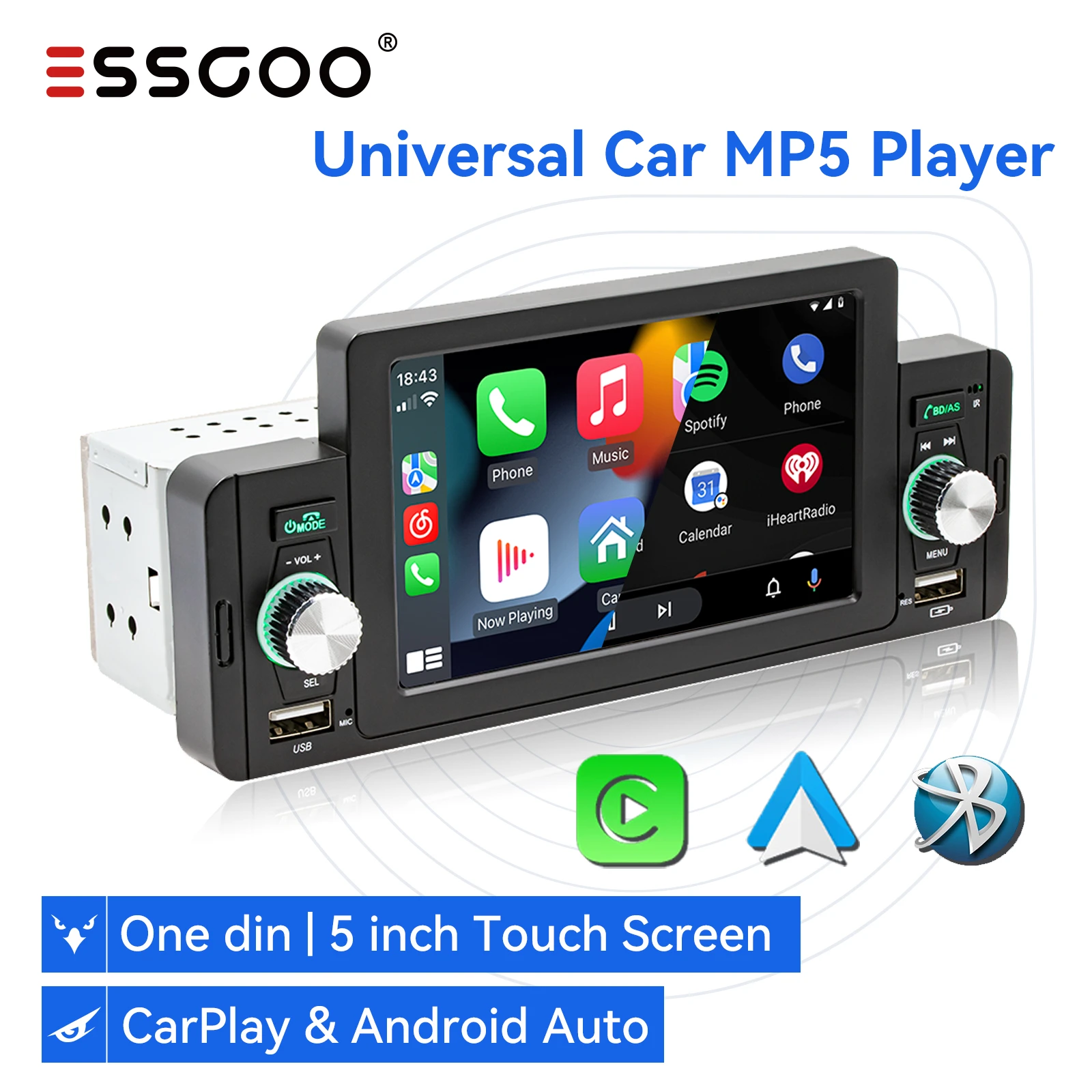 ESSGOO 5 inch Car Radio 1 Din CarPlay Android Auto Multimedia Player