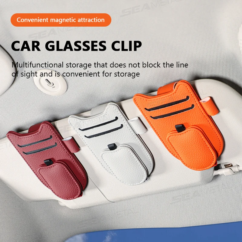 SEAMETAL Car Sun Visor Glasses Holder Magnetic Eyeglasses Hanger Clip Luxury Leatherette Car Sunglasses Holder Mount Universal BEST SELLERS